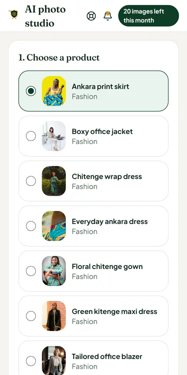 The ZedVault AI photo studio screen listing a seller's products