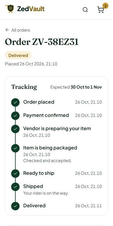 The ZedVault order tracking screen with each step ticked